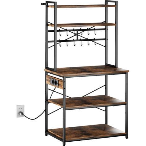 Mophorn Estante de cocina de 5 niveles con toma de corriente, dimensiones de 80 x 40 x 161,8 cm, incluye 12 ganchos y soporte para microondas y utensilios.