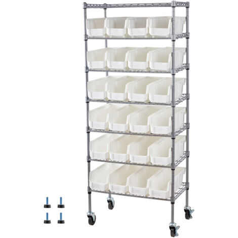 Mophorn Estantería de almacenamiento móvil de 7 niveles con 24 contenedores de polipropileno, ideal para garajes, almacenes, oficinas, restaurantes, aulas y cocinas, 610 x 355 x 1490 mm, color plata