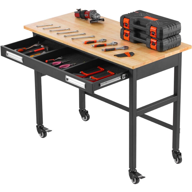 Tabli, 48' Capacité de charge de 1500 lbs. Avec tiroir coulissant, roulettes. Plateau en bois de chêne robuste. Idéal pour le garage, l'atelier, le