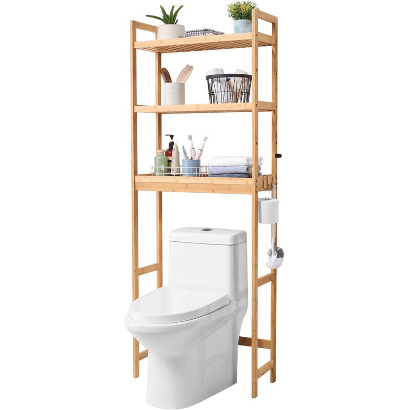 Tagère de rangement à 3 niveaux pour toilettes, organiseur de salle de bain réglable en bambou avec 3 crochets, économiseur d'espace autonome pour le