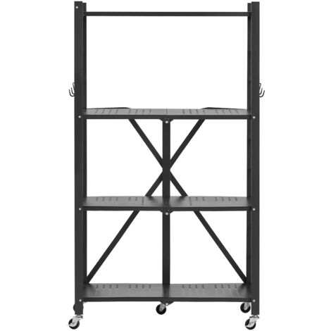 Mophorn Étagère de rangement pliable à 4 niveaux, 66 x 33 x 117 cm, en métal, robuste, avec 5 roulettes et 4 crochets, pour cuisine, garage, garde-manger, sous-sol, noir