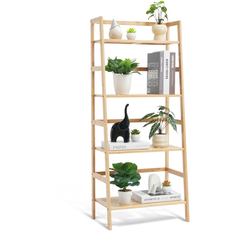 Mophorn - tagère échelle en bambou à 4 niveaux, bibliothèque trapézoïdale et présentoir, support à plantes autonome pour salle de bain, chambre,