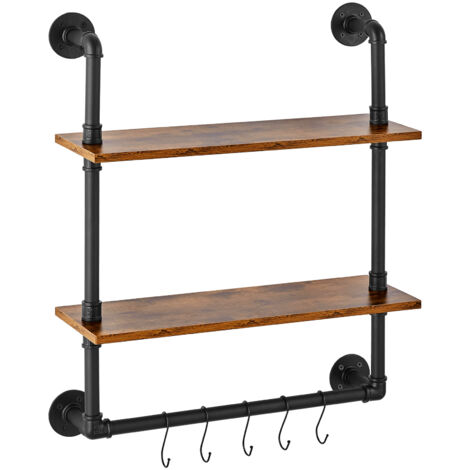 Mophorn Étagère industrielle en tuyaux, 2 niveaux 24 x 7,87 pouces, montage mural, bois rustique, rangement, cuisine, chambre à coucher, salle de bain, salon, noir
