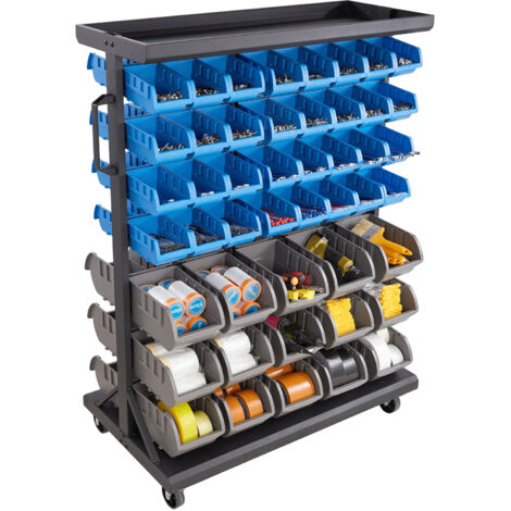 Mophorn Étagère mobile à 7 niveaux avec 94 bacs en PP, idéale pour le rangement dans les garages, entrepôts, salles de classe et cuisines. Double face avec roulettes pivotantes et freins intégrés.