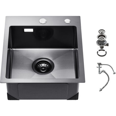Mophorn Évier de cuisine de 40 cm, évier à montage par le haut en acier inoxydable 304, cuve simple de style ferme avec accessoires, noir pour camping-car, cuisine de préparation et bar