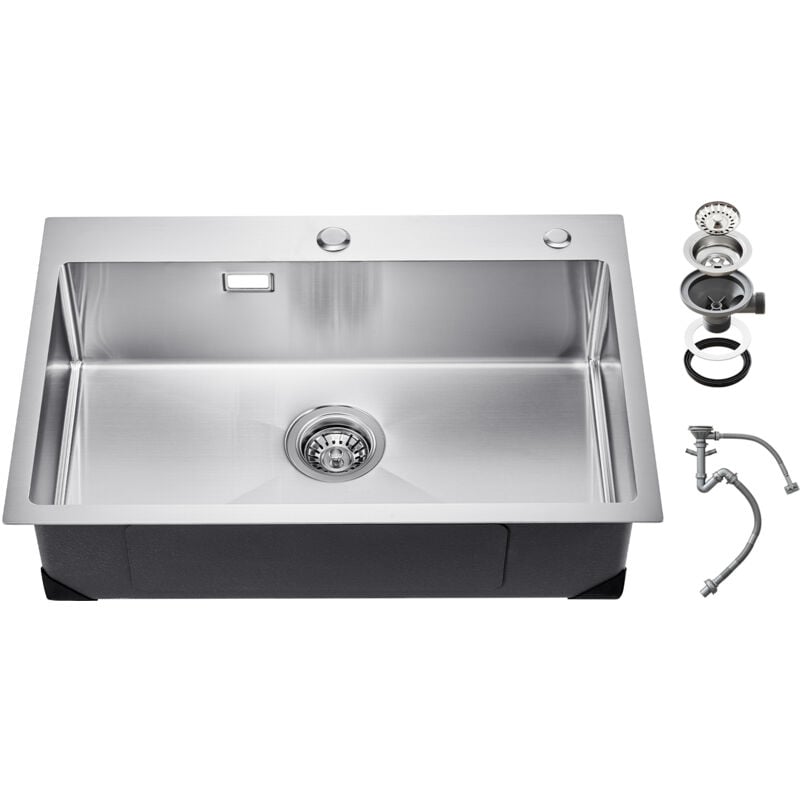 Vier de cuisine de 68 cm, éviers à montage sur le dessus en acier inoxydable 304. Vasque simple à encastrer avec accessoires. Convient pour