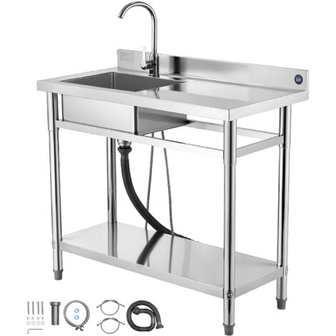 Mophorn Évier utilitaire en acier inoxydable pour cuisine, équipé d'un robinet et d'un tuyau pour eau chaude et froide, idéal pour garage, restaurant ou buanderie, dimensions 100x50x94 cm