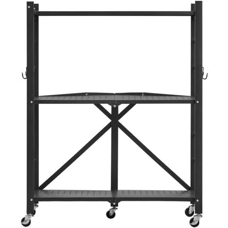 Mophorn Faltbares Lagerregal mit 3 Ebenen, 28 B x 13 T x 36 H Zoll, Metallregal, langlebiges Organizer-Regal mit Rädern und Haken für Speisekammer, Küche, Garage, Keller, Schwarz