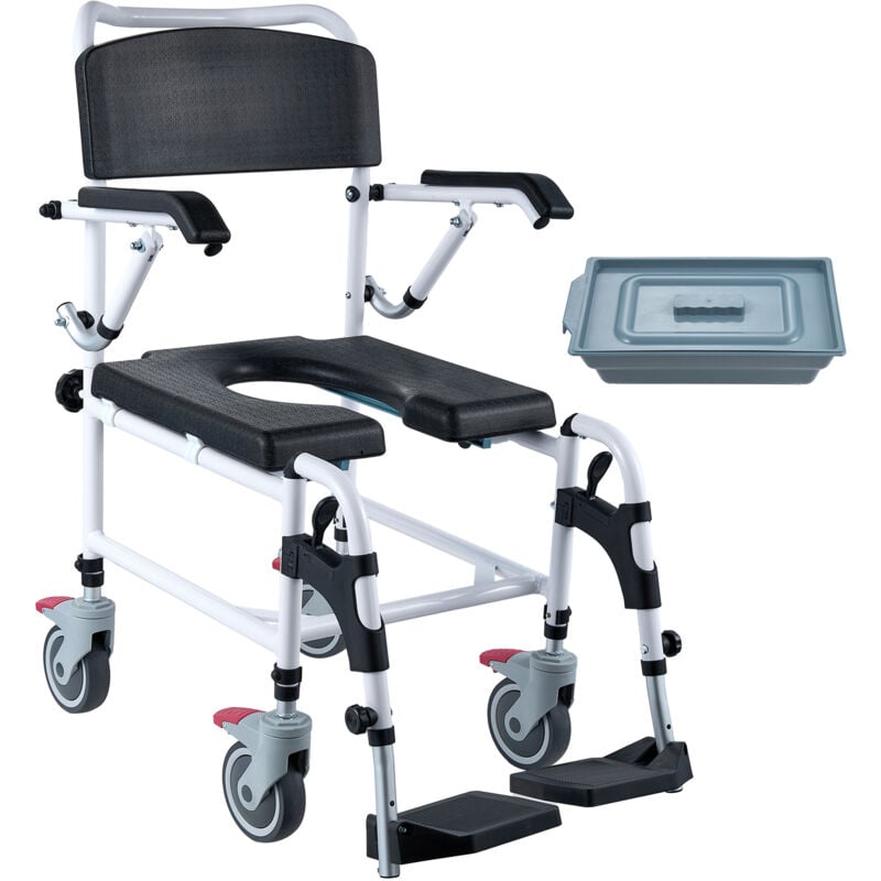 Fauteuil roulant de douche percée avec 4 roues verrouillables, repose-pieds réglables, accoudoirs rabattables, réglages de hauteur à 3 niveaux, seau