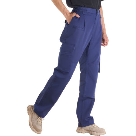 Mophorn Flame-Resistant Men's Pants, 100% Cotton Cargo Design with Elastic Waist and Multiple Pockets, Durable Tear-Resistant Stitching, Suitable for Welding and Everyday Use, XL Size, Dark Blue