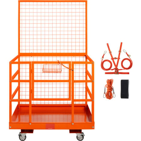 Mophorn Forklift Safety Cage, 1400lbs Load Capacity, 43'' x 45'' Work Platform with Safety Harness & Lock, Drain Hole, Wheels & Tool Basket, Dual Nonslip Design for Aerial Work, Yellow