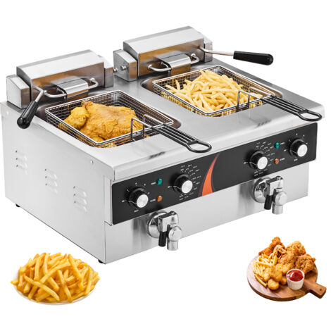 Mophorn Friggitrice elettrica da banco Commercial Deep Fryer, doppia vasca con potenza 3000 W x 2, friggitrice a doppio olio da 5,9 l con 2 cestelli, realizzata in acciaio inossidabile spesso