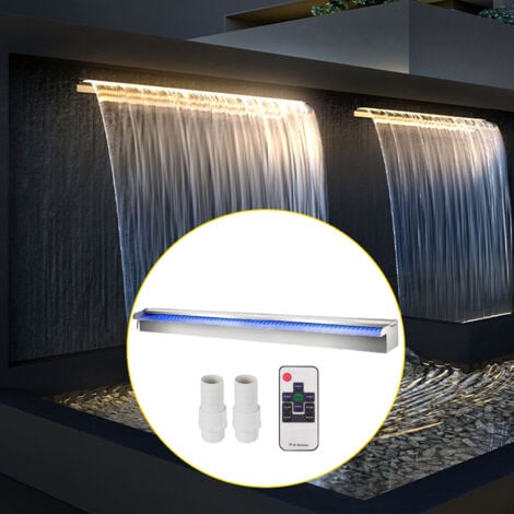 Mophorn Fuente Rectangular para Piscina Acero Inoxidable Cascadas para Piscinas 151 x 11,5 x 8 cm Fuente de Piscina Exterior Flujo de Agua con Tira LED de Colores Cascada de Jardín Patio Estanque