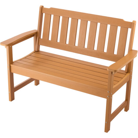 Mophorn Gartenbank 128 cm, robust und wetterfest, geeignet für 2-3 Personen, Kunststoffrahmen mit Rückenlehne und breiten Armlehnen, ideal für Terrasse, Garten oder Park, Holzoptik