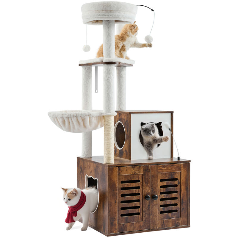 Mophorn - Grand arbre à chat avec bac à litière - 140 cm de hauteur, tour à chat 2 en 1, condo à plusieurs niveaux avec perchoirs, griffoirs en