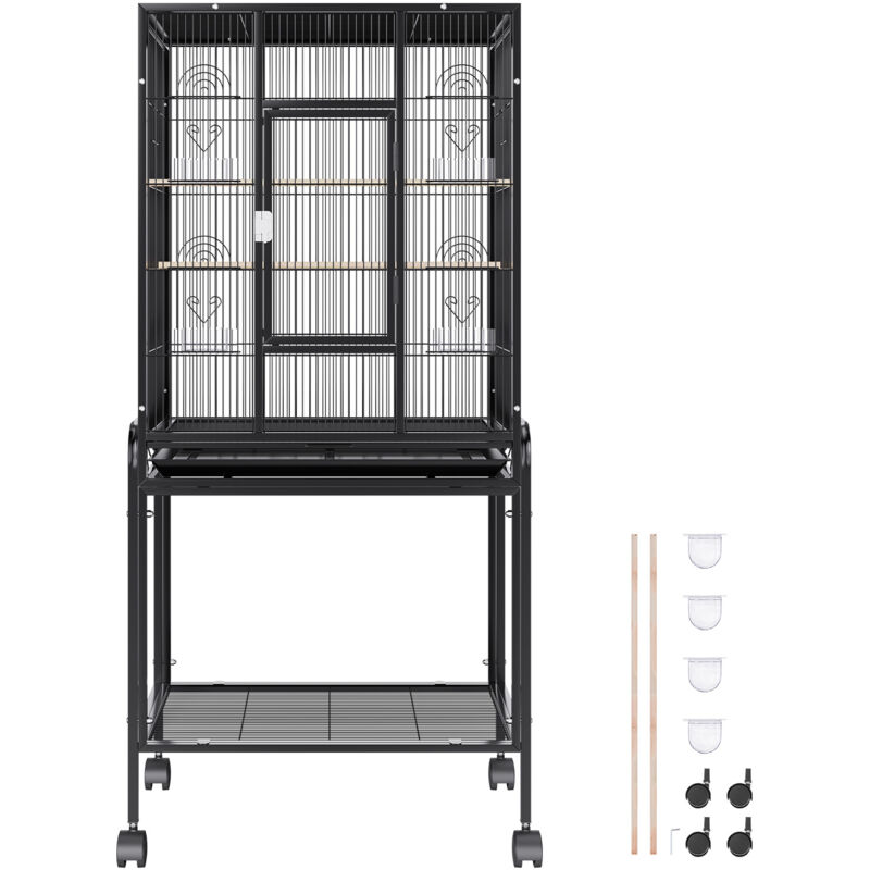 Grande cage à oiseaux de 137 cm en acier au carbone pour perruches, calopsittes et perroquets, avec support roulant et plateau - Mophorn
