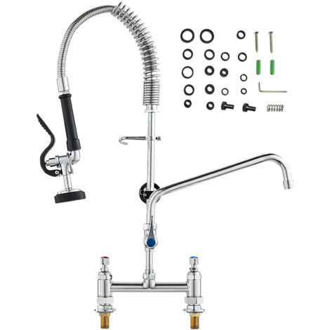 Mophorn Grifo Comercial con Rociador de Preenjuague, 66,04 cm de Altura, 20.32 cm de Centro, Caño Oscilante, Grifo para Fregadero de Cocina para Montaje en Cubierta, Dispositivo Construido en Latón