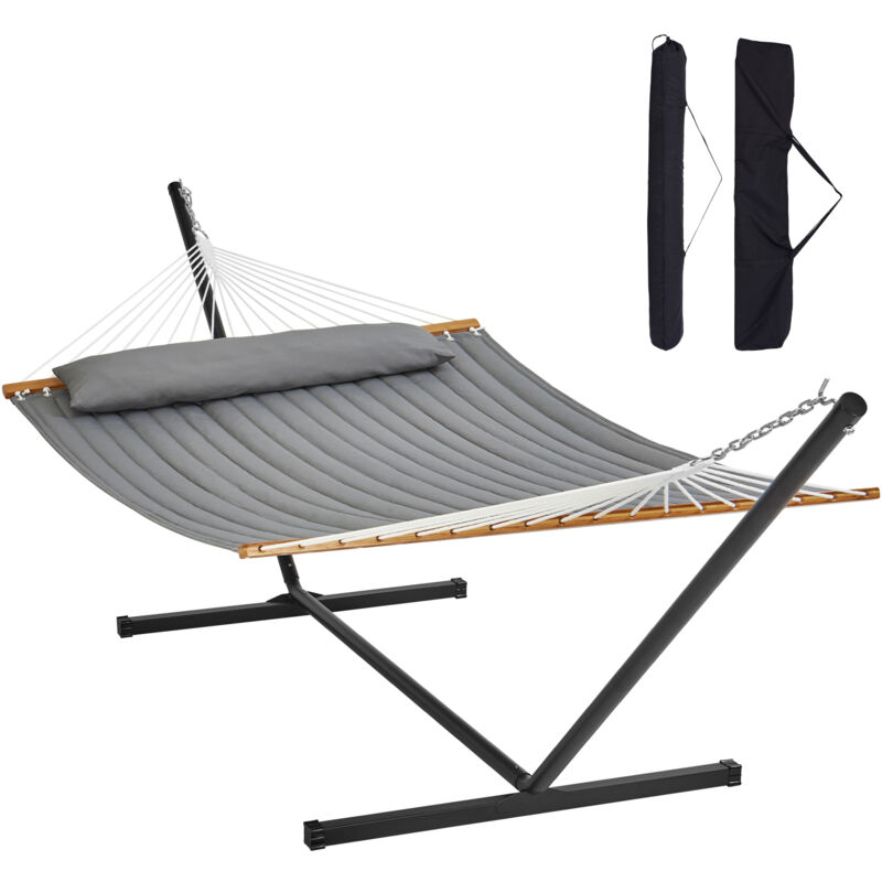 Hamac pour deux personnes avec capacité de 480 lb, support en acier de 12 pieds, sac de transport portable et oreiller, autoportant pour patio