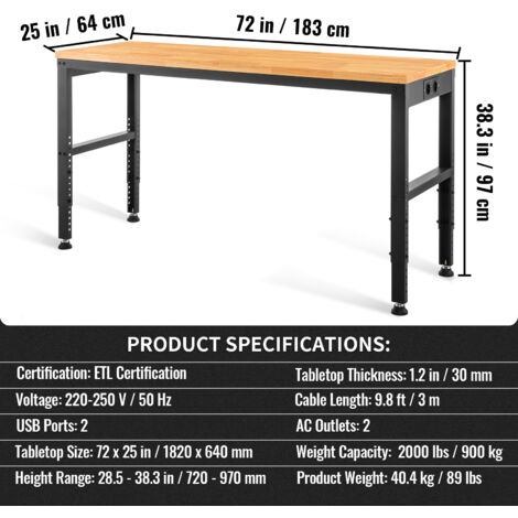 Mophorn Höhenverstellbare Werkbank, 183 x 64 cm Garagentisch, 72 - 97 cm Höhe, 900KG Belastbarkeit, Steckdosen, Hartholzplatte, Metallrahmen, Fußpads, Büro Heimwerkstatt
