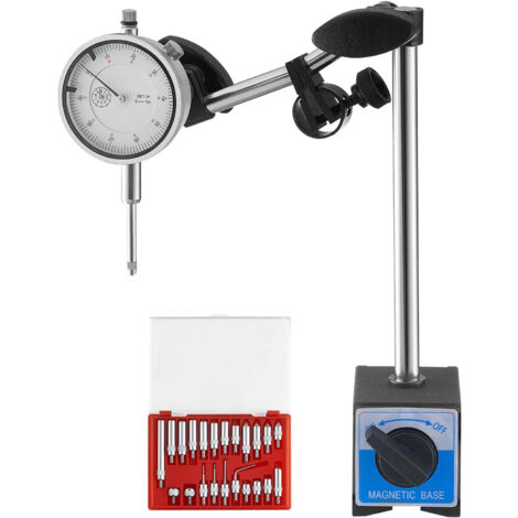 Mophorn Indicateur de test à cadran avec support double tige et étui de rangement, précision de 0,03 mm, plage de mesure de 0 à 25,4 mm, équipé de tiges de centrage non magnétiques