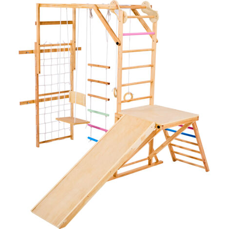Mophorn Indoor Spielplatz Klettergerüst (8-in-1) aus Holz, 100 kg belastbares Montessori-Kletterspielzeug-Set mit Schaukel, Klettergerüst, Rutsche, Holzleiter, Strickleiter, Kletternetz und Stange