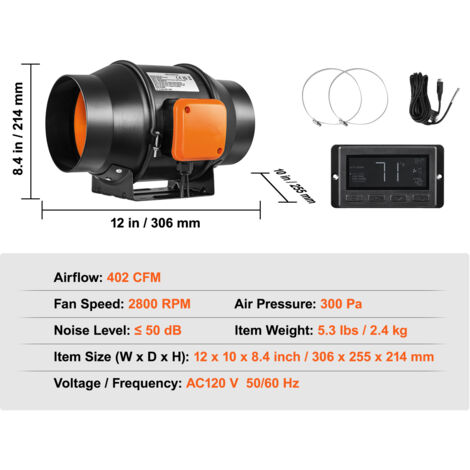 Mophorn Inline-Rohrventilator, 6 Zoll, 402 CFM, mit Temperatur-Feuchtigkeitsregler, leiser Abluftventilator mit EC-Motor für Kühlungsschub, Wachstumszelte, Hydrokultur