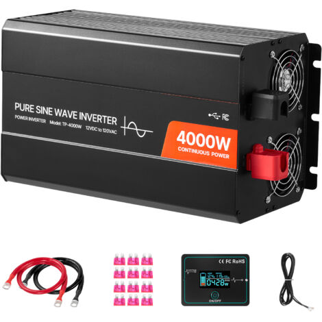 Mophorn Inversor de Corriente 4000 W, Onda Sinusoidal Pura de 12 V CC a 230 V CA, Cargador Solar para Vehículos con Pantalla LCD, Control Remoto, 2 Puertos USB, 2 Tomas de CA y Puerto Tipo C
