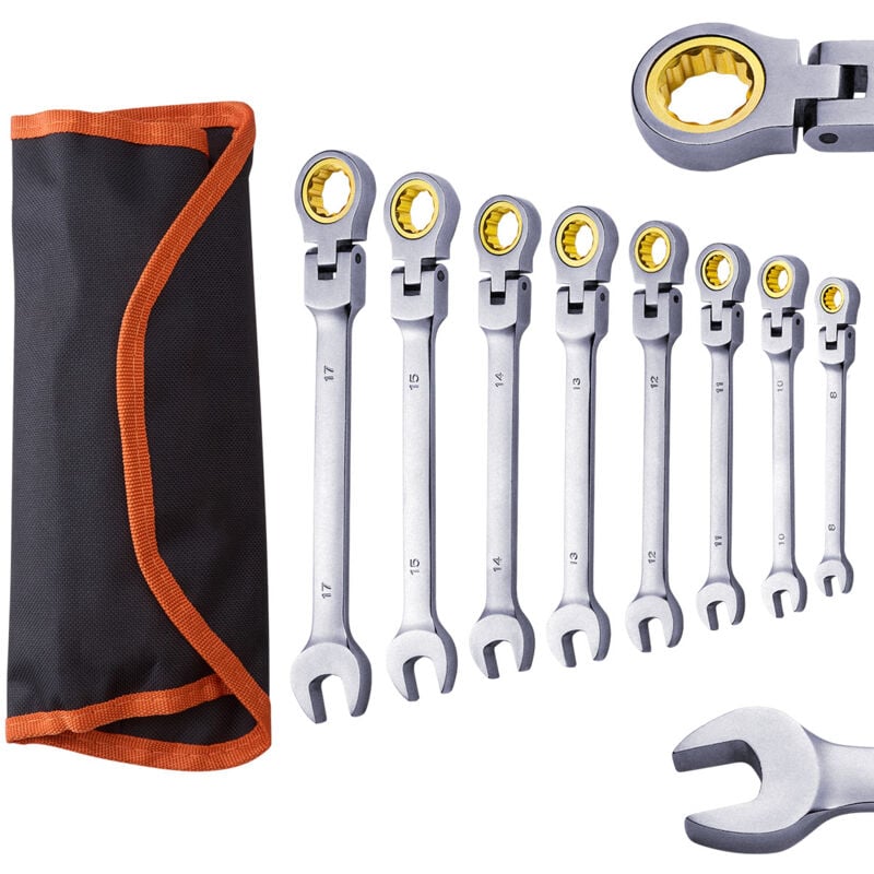 Jeu de clés à cliquet à tête flexible 8 pièces, clés mixtes en acier Cr-V avec pochette enroulable, métriques 8 mm à 17 mm, cliquet flexible, idéal