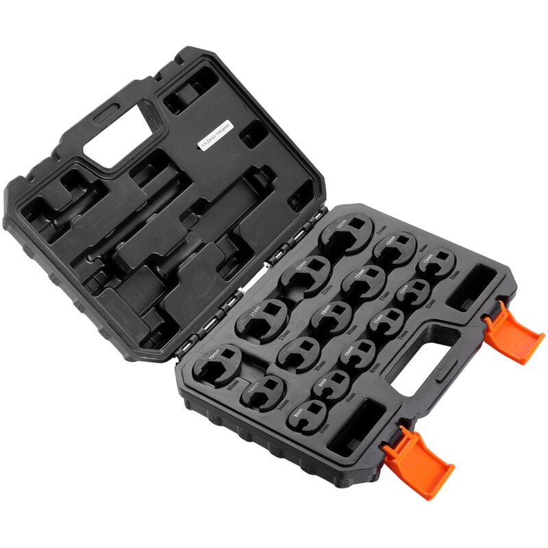 Jeu de clés Crowfoot, 15 pièces, entraînement 1/2' et 3/8', avec étui de rangement en pp, métrique 8-24 mm, finition en acier crmo et phosphate de