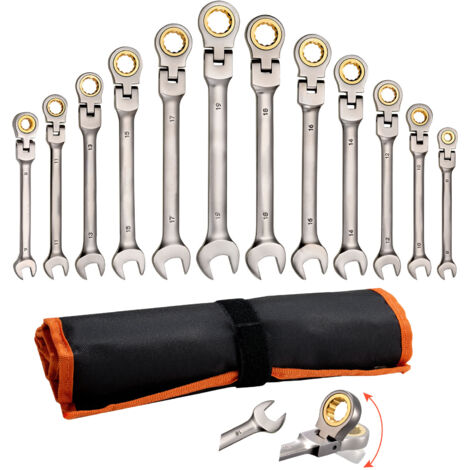 Mophorn Jeu de clés mixtes 12 pièces, clés plates à cliquet flexible métriques de 8 à 19 mm, adaptées aux réparations domestiques et automobiles, 72 dents, en acier Cr-V, avec trousse enroulable