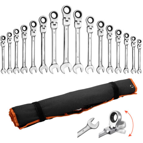 Mophorn Jeu de clés mixtes 30 pièces, clés plates à cliquet flexible SAE et métriques, adaptées aux réparations domestiques, atelier, extrémité fourche, 72 dents, acier Cr-V, avec trousse enroulable
