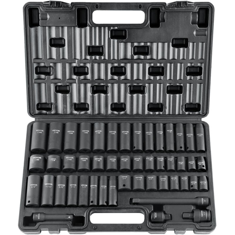 VEVOR Jeu de Douilles Choc 3/8" Jeu de 44 Douilles a Impact 6 Pans en Acier Allie CR-V Durete HRC 42-48 Solide Repere de Taille Facile avec