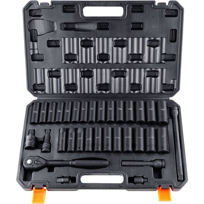 Jeu de douilles à chocs 1/2', 33 pièces sae et métriques 10-24 mm, 6 points en acier allié Cr-V pour réparation automobile, marquages faciles à