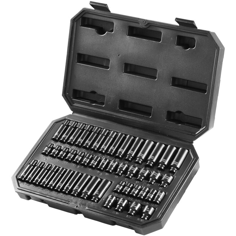 Jeu de douilles à chocs 1/4', 48 pièces profondes et peu profondes sae 3/16'-9/16' et métriques 4-15 mm, acier allié Cr-Mo à 6 points pour réparation