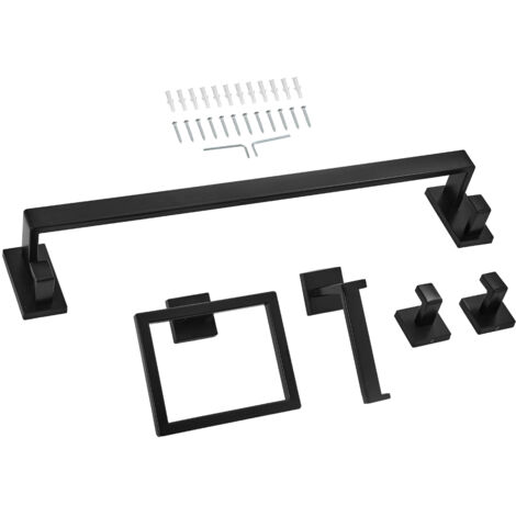 Mophorn Juego de Accesorios de Baño de Acero Inoxidable, Incluye Toallero, Anillo Cuadrado, 2 Ganchos y Portarrollos de Papel Higiénico, Color Negro, 595 x 100 x 80 mm, Set de 5 Piezas