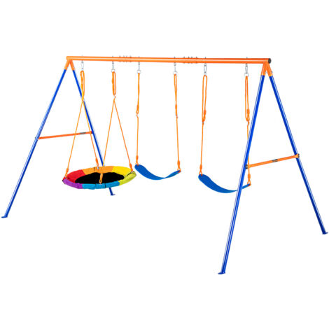 Mophorn Juego de columpio con estructura en A, capacidad para 600 libras, 1 platillo y 2 columpios con cinturón, soporte de metal, cuerda ajustable para patio trasero