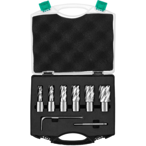 Mophorn Juego de cortadores anulares , 6 brocas magnéticas con vástago Weldon, profundidad de corte de 1", diámetro de 1/2" a 11/16", acero de alta velocidad M2AL con pasador piloto y estuche portátil