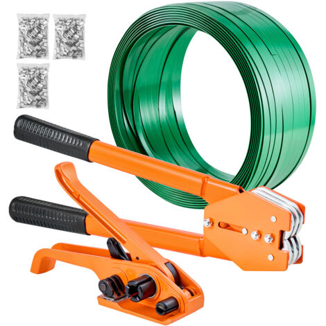 Mophorn Juego de flejado manual con fleje de PET de 304,8 m y 300 precintos metálicos, herramienta para embalaje, kit completo ideal para almacén, mercado, garaje, uso doméstico, naranja
