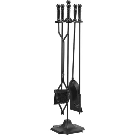 Mophorn Juego de herramientas para chimenea 5 en 1, fabricado en hierro forjado, incluye soporte de diseño de cinco puntas, pinzas, pala para cenizas, cepillo y atizador, negro, 810 x 180 x 180 mm