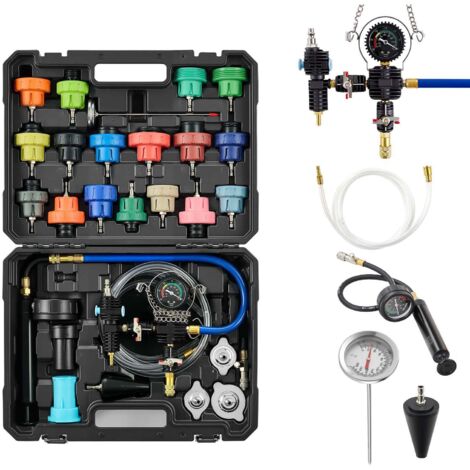 Mophorn Juego de manómetros de refrigerante de 47 piezas, incluye 3 adaptadores metálicos, compatible con sistemas de refrigeración de automóviles, equipado con bomba de presión y llenador de plástico