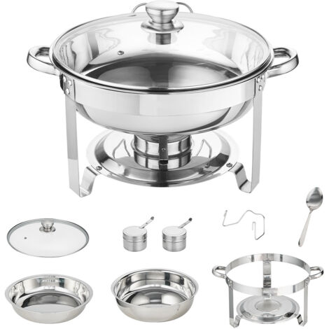 Mophorn Juego de platos de cocina, paquete de 2 unidades, 4 cuartos de galón, charola de acero inoxidable con 2 sartenes de tamaño completo, servidor redondo de calentador de catering con tapa de vidr