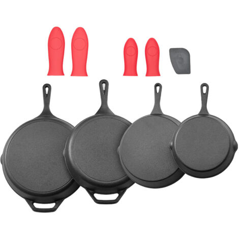 Mophorn Juego de sartenes de hierro fundido, colección de 4 piezas(155, 205, 260 y 305 mm), sartenes precuradas con asas de silicona resistentes al calor, utensilios de cocina versátiles para horno