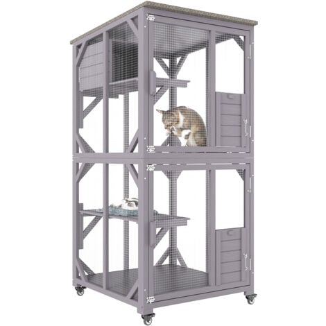 Mophorn Katzenhaus für draußen, großes 3-stöckiges Katzenhaus mit 360° drehbaren Rollen, 2 Plattformen, Ruhebox, große Vordertür, 76,1 x 86,4 x 163,5 cm