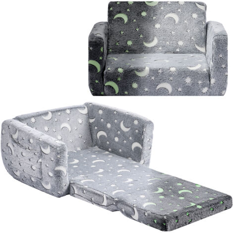 Mophorn Kindersofa und Kindersessel aus 28D-Schaumstoff und Flanellstoff mit Armlehnen, waschbares Sofa mit leuchtendem Design, umwandelbares Schlafsofa für Spielzimmer und Wohnzimmer in Grau