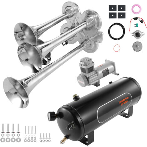 Mophorn Kit de bocinas de tren de 4 trompetas , 150 dB, para cualquier vehículo de 12 V, automóvil, camión, tren, furgoneta, barco, compresor de 12 V, 160 psi, tanque de 2,6 gal/10 L, manómetro
