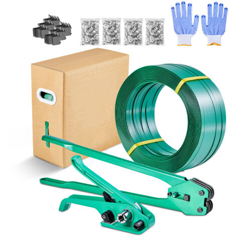 Mophorn Kit de cerclage PET 457 m avec outils et tendeur pour emballage de palettes, entrepôts, stockage et transport de marchandises, 450 scellés métalliques, 150 protections d'angle, gants inclus
