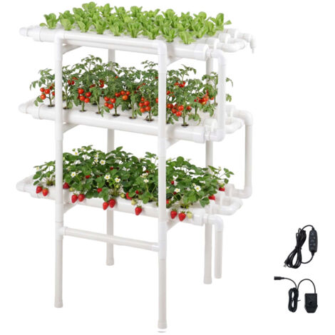 Mophorn Kit de culture hydroponique NFT à 3 niveaux avec 108 emplacements, idéal pour la culture intérieure de légumes, Conception en tubes PVC-U anti-lumière avec système d'irrigation programmable.