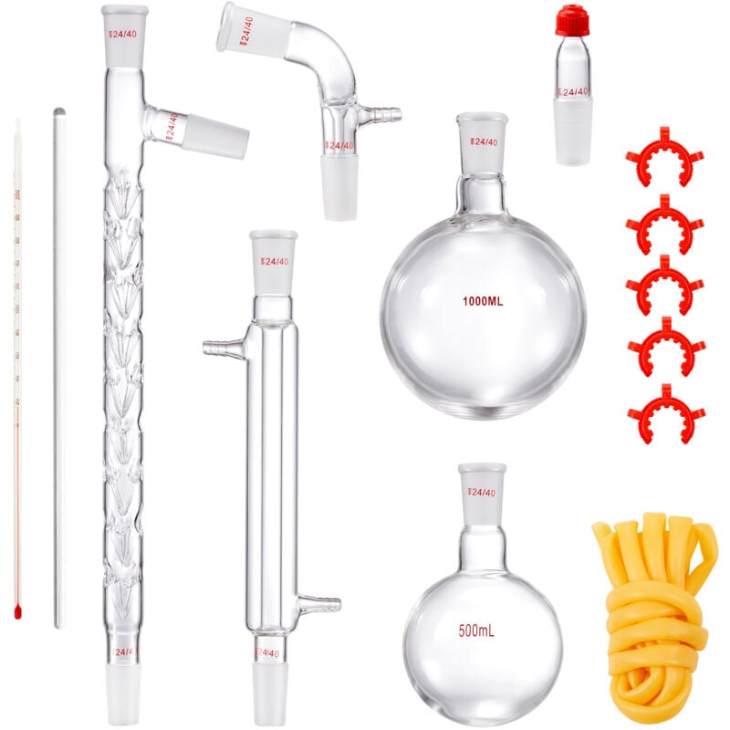 Kit de distillation de laboratoire 3.3 Boro, appareil à huile essentielle de 1 000 ml, ensemble de 14 verres avec joint 24/40 pour utilisation en