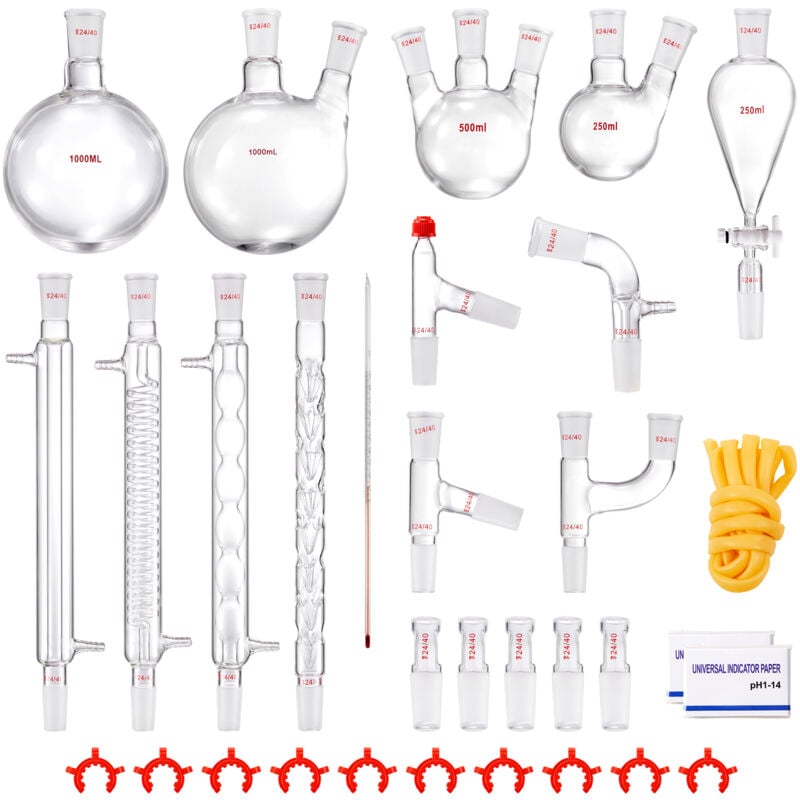 Mophorn - Kit de distillation de laboratoire verrerie Boro 3,3 avec joint 24/40, appareil à huile essentielle 1000 ml, ensemble de 32 pièces