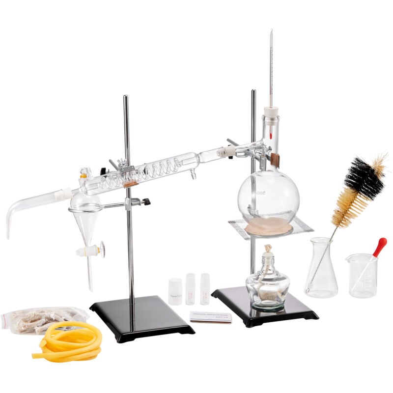 Kit de distillation d'huiles essentielles 500 ml, appareil en verre Boro 3,3 avec lampe à alcool, maille en céramique, joint 24/40, ensemble de 28